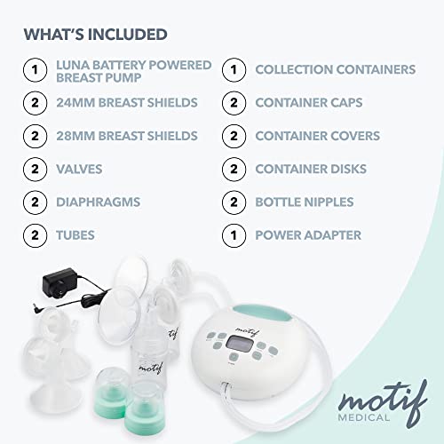 Motif Medical Luna with Battery Double Electric Breast Pump, Portable Breast Pump with Battery - Easy to Use, Quiet Motor, Built-in LED Night Light