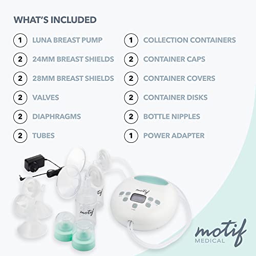 Motif Medical Luna with Battery Double Electric Breast Pump, Portable Breast Pump with Battery - Easy to Use, Quiet Motor, Built-in LED Night Light