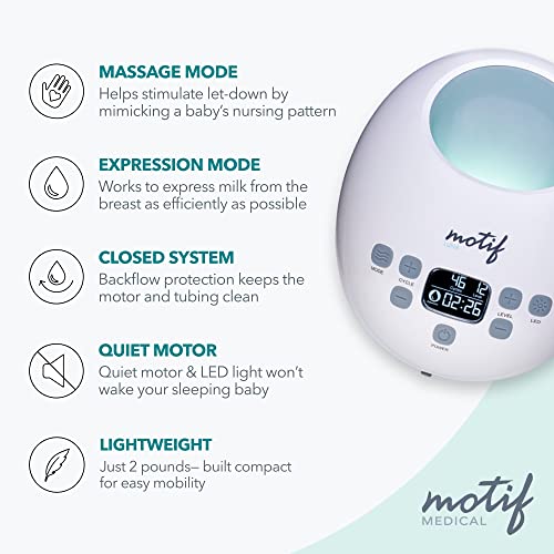 Motif Medical Luna with Battery Double Electric Breast Pump, Portable Breast Pump with Battery - Easy to Use, Quiet Motor, Built-in LED Night Light