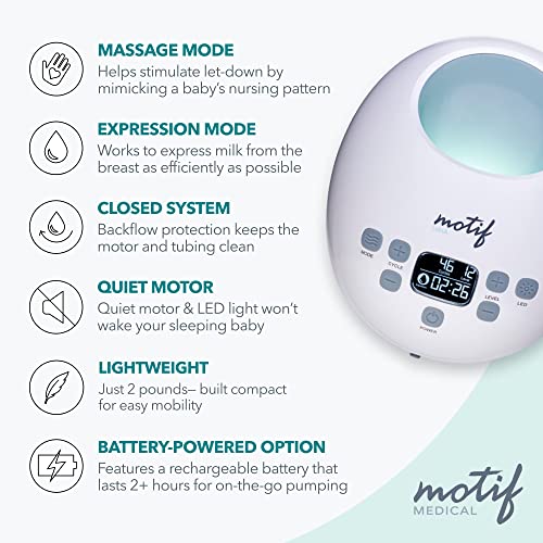 Motif Medical Luna with Battery Double Electric Breast Pump, Portable Breast Pump with Battery - Easy to Use, Quiet Motor, Built-in LED Night Light